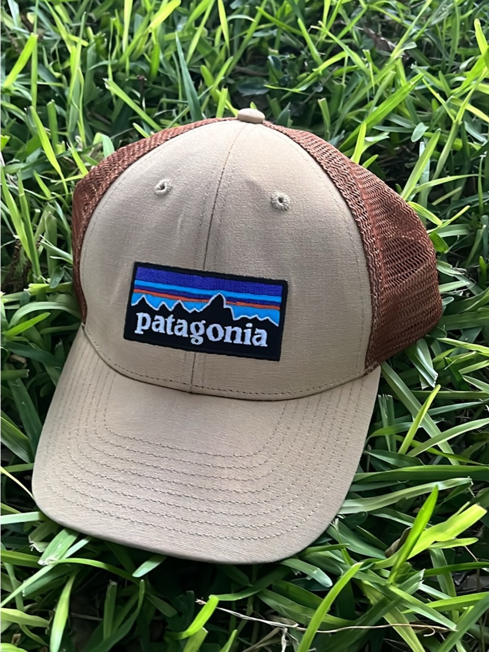 Patagonia Tan and Brown Mesh Trucker Hat with Multicolor Logo